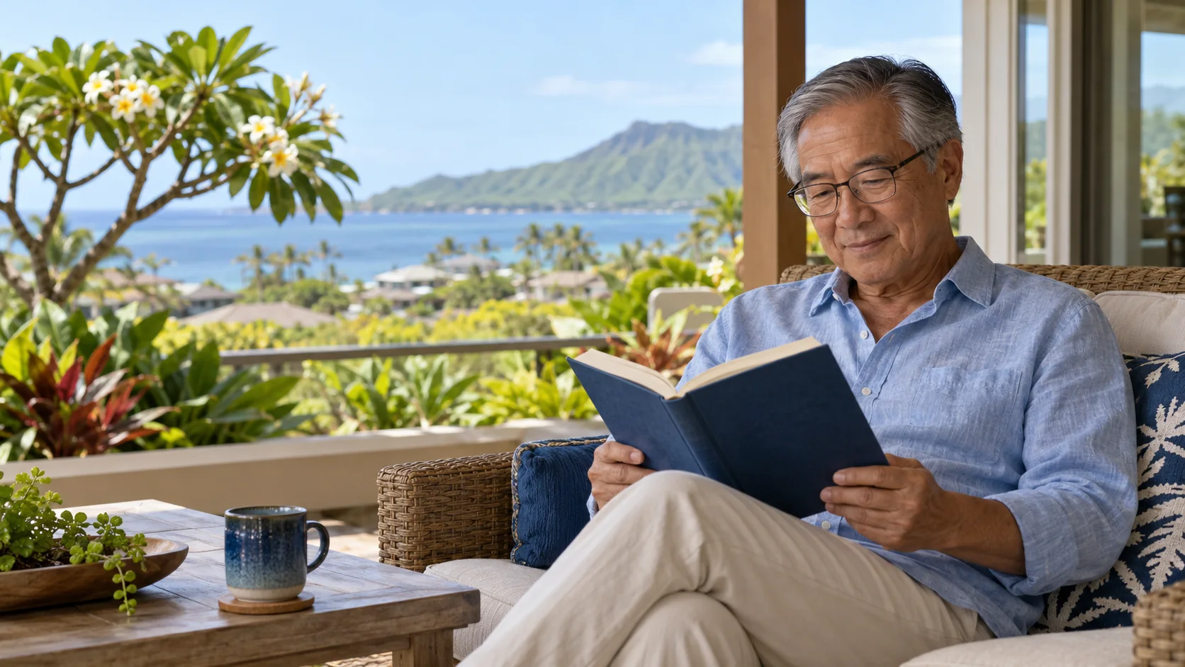 Older man enjoying a book on a shaded lanai